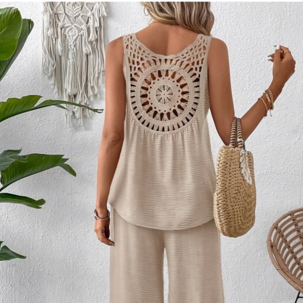 Two-Piece Set of Sleeveless Top with Open Crochet Back & Wide Leg Pant in Khaki